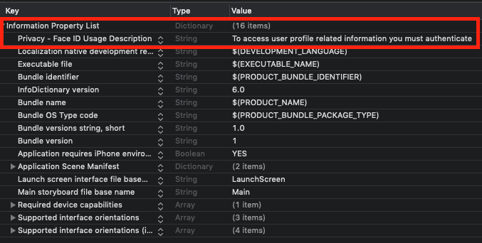 Privacy Face ID Usage Description