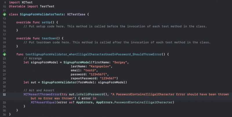 XCTAssertThrowsError Example in Swift