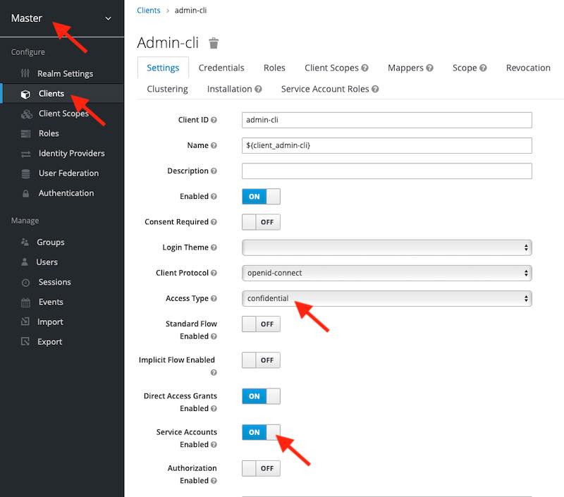 Enable Client Credentials Grant Type. Admin CLI.